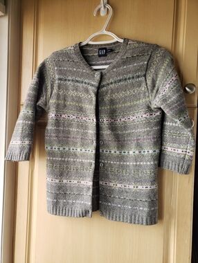 Vintage GAP 100% Wool  Gray Fair Isle  Sweater Cardigan with Pastel Accents Y2K